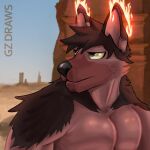  1:1 absurd_res anthro black_nose brown_body brown_eyes brown_fur canid canine canis fan_character fire fur gz_draws hi_res male mammal nude pecs signature solo 