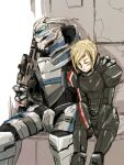  1boy 1girl alien armor blonde_hair blood blood_on_face closed_eyes commander_shepard commander_shepard_(female) cuts garrus_vakarian gun hand_on_another&#039;s_shoulder hetero holding holding_gun holding_weapon hugo_(coconomi) injury interspecies mass_effect monocle n7_armor open_mouth rifle science_fiction short_hair sniper_rifle turian weapon 