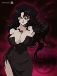  1girl artist_name bare_shoulders black_dress black_gloves black_hair bluethebone breasts cleavage dress elbow_gloves fullmetal_alchemist gloves hand_on_hip highres homunculus large_breasts long_hair looking_at_viewer lust_(fma) ouroboros parted_lips red_eyes skin_tight smile solo strapless strapless_dress 