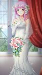  1girl bouquet breasts closed_mouth collarbone curtains doukyuusei doukyuusei_another_world dress elbow_gloves flower game_cg gloves hair_flower hair_ornament holding holding_bouquet indoors jewelry long_dress looking_at_viewer medium_breasts necklace official_art pink_flower pink_hair red_eyes sakuragi_mai sleeveless sleeveless_dress smile solo sparkle standing strapless strapless_dress tied_hair wedding_dress white_dress white_flower white_gloves 