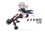  1girl :d apron bangs black_legwear breasts double_bun frills garter_straps grey_hair ground_vehicle high_heels highres long_hair maid maid_apron maid_day maid_headdress motor_vehicle motorcycle open_mouth original ranyu smile solo thighhighs wheelie yellow_eyes 