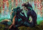 anthro canid canine canis duo felid female female/female forest freya_(zionsangel) holding_chin kissing machairodontine mammal natsumi_oni painting_(artwork) plant romantic romantic_ambiance sabertoothed_cat saterina traditional_media_(artwork) tree wolf zionsangel 