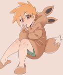  1boy alternate_costume bangs blue_oak brown_footwear commentary_request eevee_ears eevee_tail eyebrows_visible_through_hair green_shorts hair_between_eyes hand_up highres hood hood_down knees knees_together_feet_apart kurogomasan long_sleeves looking_at_viewer male_focus open_mouth orange_hair pokemon shorts sitting sleeves_past_wrists slippers solo spiked_hair 