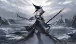  1girl 52hertz absurdres arknights bare_arms bare_shoulders black_dress black_gloves black_legwear breasts cloud cloudy_sky dress gladiia_(arknights) gloves hair_over_one_eye hat highres holding holding_spear holding_weapon long_hair looking_at_viewer ocean pointy_ears polearm ponytail red_eyes ruins shore silver_hair sky solo spear standing thighhighs weapon 