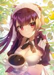  1girl alternate_costume apple_caramel black_neckwear breasts cleavage closed_mouth coffee creamer_packet cup droplets enmaided eyebrows_visible_through_hair food fruit girls_frontline highres holding holding_cup lemon long_hair looking_at_viewer maid maid_headdress medium_breasts neck_ribbon photoshop_(medium) purple_hair red_eyes revision ribbon saucer smile solo spoon upper_body wa2000_(girls_frontline) white_background 