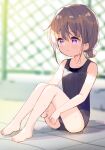  1girl bangs bare_arms bare_legs bare_shoulders barefoot black_swimsuit blurry blurry_background blush brown_hair chain-link_fence child collarbone commentary_request depth_of_field eyebrows_visible_through_hair feet fence full_body hair_between_eyes hair_bun highres knees_up looking_away meito_(maze) old_school_swimsuit one-piece_swimsuit original parted_lips purple_eyes school_swimsuit sitting solo swimsuit toes wet 