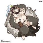 1:1 2021 anthro asian_clothing black_body black_fur black_nose blush bodily_fluids bulge canid canine canis clothing domestic_dog east_asian_clothing eyes_closed fundoshi fur genital_outline genitals hakumimis hi_res humanoid_hands japanese_clothing japanese_text kemono male mammal navel nipples overweight overweight_anthro overweight_male penis penis_outline simple_background solo sweat text underwear white_background 