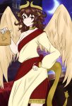  animal_ears arabian_clothes brown_hair hat highres lamassu lion lion_ears lion_tail long_hair red_eyes sumerian_mythology tail wings 