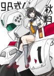  1girl akizuki_(kancolle) av-98_ingram black_hair breasts gloves highres kantai_collection kidou_keisatsu_patlabor mecha medium_breasts miniskirt munmu-san ponytail sailor_collar short_sleeves sitting skirt white_legwear 