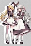  2girls alternate_costume amatsukaze_(kancolle) apron blonde_hair blush dress enmaided highres irokiiro kantai_collection long_dress long_hair maid maid_apron maid_day maid_headdress multiple_girls shimakaze_(kancolle) short_dress silver_hair thighhighs very_long_hair 