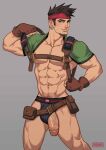  1boy abs alejandro_tio bara bare_pectorals biggs_(ff7) blush character_request check_character chest_harness earrings facial_hair final_fantasy final_fantasy_vii flaccid foreskin goatee harness headband highres jewelry leather looking_at_viewer male_cleavage male_focus mature_male muscular muscular_male navel navel_hair pectorals penis pulled_by_self shirt_around_neck short_hair sideburns smile solo spiked_hair stomach thighs uncensored undressing 