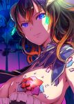  1girl areolae black_hair bloodstained:_ritual_of_the_night bloodstained_(series) blue_eyes breast_tattoo breasts cleavage commentary_request glowing highres large_breasts light_smile lips mikazuki_akira! miriam_(bloodstained) multicolored_hair nipples orange_hair portrait sideboob solo tattoo two-tone_hair 