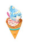  2girls artist_name blue_eyes blue_hair candy chibi chocolate chocolate_heart commentary_request copyright_name double_scoop eyebrows_visible_through_hair eyes_visible_through_hair food heart highres ice ice_cream ice_cream_cone kagamihara_nadeshiko long_hair melting mint_(mintlemonade3) multiple_girls name_tag open_mouth pink_hair purple_eyes shima_rin signature simple_background spoon sweat white_background yurucamp |_| 