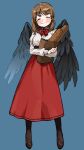  1girl absurdres bag bangs black_feathers black_wings blue_background blush bow bread brown_hair closed_eyes eyebrows_visible_through_hair feathered_wings feathers food highres holding holding_bag juliet_sleeves long_skirt long_sleeves medium_hair original paper_bag puffy_sleeves red_bow red_neckwear red_skirt shirt shopping_bag simple_background skirt smile solo symbol_commentary useq1067 white_shirt wings 