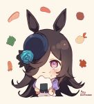  1girl absurdres animal_ears bangs black_hair black_headwear blue_flower blue_rose blush brown_background chibi closed_mouth commentary cropped_torso eating flower food food_on_face hair_over_one_eye hat hat_flower highres holding holding_food horse_ears long_hair onigiri puffy_short_sleeves puffy_sleeves purple_eyes rice rice_on_face rice_shower_(umamusume) rose school_uniform shirt short_sleeves signature simple_background sofra solo symbol_commentary tilted_headwear tracen_school_uniform twitter_username umamusume upper_body wavy_mouth white_shirt 