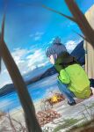  1girl blue_hair blue_pants camping coat cooking fire firewood frying_pan hair_bun highres hooded_coat mikazuki_akira! mountain nature pants river shima_rin smile solo squatting tent water yurucamp 