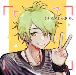  1boy amami_rantarou animal_ears bangs barry_nah collarbone danganronpa_(series) danganronpa_v3:_killing_harmony ear_piercing earrings fake_animal_ears green_eyes green_hair hand_up heart jewelry looking_at_viewer male_focus messy_hair necklace notice_lines piercing portrait shirt short_hair smile solo striped striped_shirt upper_body v yellow_background 