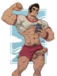  1boy abs alejandro_tio bara bare_pectorals biceps black_eyes black_hair erection erection_under_clothes feet_out_of_frame flexing foreskin gouda_musashi highres holding holding_phone large_pectorals lifted_by_self long_sideburns male_focus mob_psycho_100 muscular muscular_male navel navel_hair nipples pectorals penis phone pose precum red_shorts school_uniform selfie shirt_lift short_hair shorts shorts_aside sideburns smile solo sparkle stomach thighs uncensored 