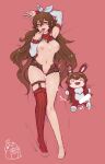  absurdres amber_(genshin_impact) baron_bunny_(genshin_impact) bed breasts brown_eyes brown_hair cosplay cum dakimakura_(medium) doll finger_licking hair_ribbon highres licking lying mr_mlemkins nude on_back open_mouth pink_background pussy ribbon shorts thigh_strap 