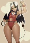  1girl absurdres alternate_costume alternate_eye_color black_hair breasts clothing_cutout cowboy_shot curled_horns dark_skin dark_skinned_female demon_girl demon_tail fang green_eyes heart_cutout highleg highleg_leotard highres holding holding_leash horns ijiranaide_nagatoro-san imp leash leotard long_hair looking_at_viewer nagatoro_hayase navel navel_cutout red_leotard red_scrunchie scrunchie skin_fang small_breasts solo standing tail thick_thighs thighs white_horns wide_hips wrist_scrunchie 