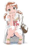  1girl amulet bag brown_hair denim denim_shorts dr._gero_(staedtler_0508) drill_hair hand_on_own_cheek hand_on_own_face handbag highres houjou_karen idolmaster idolmaster_cinderella_girls idolmaster_cinderella_girls_starlight_stage jewelry necklace pink_tank_top sandals shorts squatting tank_top toenail_polish v yellow_tank_top 