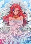  1girl bare_shoulders blue_hair blue_sky breasts commission dot_mouth dress elbow_gloves gloves green_eyes jewelry kafun long_hair looking_at_viewer multicolored_hair necklace original ral_(mac) red_hair sky solo wedding_dress white_dress white_gloves 