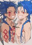 2boys age_regression blue_hair bodypaint closed_mouth cu_chulainn_(fate)_(all) cu_chulainn_alter_(fate/grand_order) earrings facepaint fate/grand_order fate/grand_order_arcade fate_(series) grin jewelry long_hair looking_at_viewer male_focus multiple_boys ponytail red_eyes setanta_(fate) sharp_teeth shirasuboshiboshi shirtless simple_background sketch slit_pupils smile spiked_hair tail tan teeth twitter_username younger 