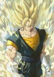  1boy aura blonde_hair clenched_hands closed_mouth commentary_request dragon_ball dragon_ball_z earrings electricity green_eyes highres jewelry looking_at_viewer male_focus muscular muscular_male potara_earrings serious spiked_hair standing stynl_f super_saiyan super_saiyan_2 vegetto 
