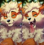  anthro anthrofied arcanine bedroom_eyes black_nose blurred_background breasts bust_portrait canid canine cheek_tuft digital_media_(artwork) eyelashes facial_tuft fangs female fluffy front_view fur glistening glistening_tongue green_eyes head_tuft humanoid_hands looking_at_viewer mammal multicolored_body multicolored_fur narrowed_eyes neck_tuft nintendo nude nummynumz open_mouth open_smile orange_body orange_fur pink_tongue pok&eacute;mon pok&eacute;mon_(species) pok&eacute;morph portrait seductive sharp_teeth smile snout solo tan_body tan_fur teeth tongue tongue_out tuft two_tone_body two_tone_fur video_games 