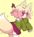  1girl animal_ear_fluff animal_ears bangs blonde_hair blush brown_background commentary_request covered_mouth eyebrows_visible_through_hair fox_ears fox_girl fox_tail from_behind green_shirt hair_between_eyes hair_bun hair_ornament hand_up highres kemomimi-chan_(naga_u) long_sleeves looking_at_viewer looking_back naga_u orange_neckwear original pleated_skirt purple_skirt red_eyes ribbon-trimmed_legwear ribbon_trim sailor_collar shirt simple_background skirt sleeves_past_fingers sleeves_past_wrists solo standing tail thighhighs white_legwear white_sailor_collar 