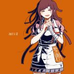  1girl :d apron bandaged_arm bandages bangs blunt_bangs blush breasts brown_hair commentary_request cowboy_shot danganronpa_(series) danganronpa_2:_goodbye_despair eyebrows_visible_through_hair hands_clasped hands_together interlocked_fingers kiri_(2htkz) long_hair looking_at_viewer nurse open_mouth orange_background own_hands_together puffy_short_sleeves puffy_sleeves short_sleeves simple_background skirt smile solo translation_request tsumiki_mikan uniform 