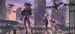  aircraft animal_ears arknights brown_hair building catgirl city dark_skin ethan_(arknights) group male ponytail short_hair shorts siege_(arknights) sunset tagme_(character) tail texas_(arknights) white_hair yetecong 