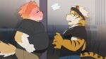  2021 anthro black_nose blush bottomwear brown_body brown_fur canid canine canis clothing domestic_dog duo eyes_closed felid fur hi_res kemono male male/male mammal nikiciy overweight overweight_male pantherine pants shirt tiger topwear 