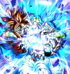  2boys biceps blue_eyes blue_hair commentary dragon_ball dragon_ball_gt dragon_ball_super dragon_ball_super_broly dual_persona energy_beam gogeta highres incoming_attack kamehameha looking_at_viewer male_focus metamoran_vest monkey_boy multiple_boys muscular muscular_male open_mouth red_fur red_hair saiyan screaming stynl_f super_saiyan super_saiyan_4 super_saiyan_blue teeth tongue 