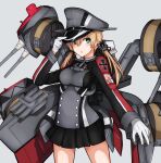 1girl anchor_hair_ornament aqua_eyes black_skirt blonde_hair breasts cannon gloves hair_ornament hat highres iron_cross kantai_collection long_hair low_twintails medium_breasts microskirt military military_uniform peaked_cap pleated_skirt prinz_eugen_(kancolle) rigging skirt solo turret twintails uniform white_gloves yuubokumin 
