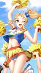  1girl ;d aqua_bra arm_up blonde_hair blue_sky blush bra cheerleader cloud collarbone day doukyuusei_2 doukyuusei_another_world floating_hair frilled_bra frilled_panties frills game_cg hair_bobbles hair_ornament long_hair looking_at_viewer maijima_karen midriff miniskirt navel official_art one_eye_closed open_mouth outdoors panties pleated_skirt pom_poms red_eyes shiny shiny_hair shirt side_ponytail sidelocks skirt sky sleeveless sleeveless_shirt smile solo_focus stomach underwear white_panties yellow_skirt 