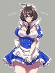  1girl akira_howard alternate_costume apron astral_chain blush bow breasts brown_hair dress enmaided frills highres large_breasts long_hair looking_at_viewer maid maid_apron maid_headdress short_hair skirt solo thighhighs thiru3dan wa_maid waist_apron 