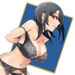  1girl black_bra black_hair black_panties bra breasts cleavage commentary_request cowboy_shot garter_straps kantai_collection large_breasts lips looking_at_viewer navel panties parted_lips profile red_eyes short_hair solo square takao_(kancolle) underwear underwear_only uzuki_kosuke white_background 