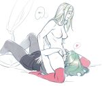 2girls areolae bed breasts byleth_(fire_emblem) byleth_(fire_emblem)_(female) clothed_female_nude_female cunnilingus edelgard_von_hresvelg fire_emblem fire_emblem:_three_houses green_hair heart legwear_under_shorts limited_palette long_hair lying multiple_girls natural_virtue navel nipples nude on_back oral pantyhose red_legwear shorts silver_hair sitting sitting_on_face sitting_on_person speech_bubble spoken_heart stomach thighhighs toned yuri 