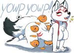 all_fours amaterasu anthro breasts bulluppa butt canid canine canis capcom chest_tuft deity dipstick_tail eyes_closed feet female fluffy fluffy_tail fur hi_res mammal multicolored_tail nude pawpads paws simple_background smile solo tuft video_games white_body white_fur wolf ōkami 