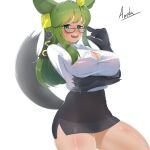  1girl absurdres amidasketchbook animal_ears anubis_(monster_girl_encyclopedia) artist_name black_shirt blush breasts claws cleavage dress_shirt fangs glasses green_eyes green_hair hair_ornament highres jackal_ears jackal_tail large_breasts monster_girl monster_girl_encyclopedia office_lady open_mouth shirt sidelocks skirt smile solo thighs white_shirt 