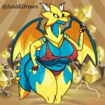  absurd_res anthro bikini claws clothing dragon female hi_res horn ivaldi light multicolored_body multicolored_skin overweight overweight_anthro overweight_female red_eyes scalie shadow simple_background smile solo star_dragon swimwear two_tone_body two_tone_skin wings 