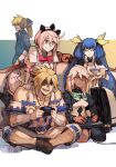  2boys 3girls ahoge arcade_stick bangs blonde_hair blue_eyes blue_hair closed_eyes controller cup dark_skin dark_skinned_female dizzy_(guilty_gear) elphelt_valentine eyepatch frown game_controller guilty_gear guilty_gear_xrd hair_ribbon hungry_clicker indian_style joystick ky_kiske long_hair multiple_boys multiple_girls pink_hair ponytail ramlethal_valentine ribbon shoes short_hair sin_kiske sitting smile teacup twintails wariza yellow_eyes yellow_ribbon 