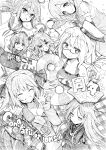  6+girls :&lt; absurdres ahoge akebono_(kancolle) anniversary bangs blush book braid breasts closed_eyes closed_mouth cloud_hair_ornament congratulations copyright_name crescent crescent_hair_ornament crossed_arms depth_charge eyebrows_visible_through_hair fairy_(kancolle) flower glasses greyscale hachijou_(kancolle) hair_between_eyes hair_flower hair_ornament hair_ribbon hairclip hat headgear highres i-8_(kancolle) innertube jacket kantai_collection long_hair long_sleeves minegumo_(kancolle) monochrome multiple_girls nagatsuki_(kancolle) name_tag open_mouth ponytail ribbon school_swimsuit short_hair smile star_(symbol) suspenders sweat swimsuit torpedo traditional_media tsuji_kazuho twin_braids yamakaze_(kancolle) yukikaze_(kancolle) 