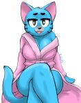  absurd_res anthro bathrobe bedroom_eyes blue_body blue_fur breasts bulluppa cartoon_network cleavage clothed clothing domestic_cat felid feline felis female fur hi_res looking_at_viewer mammal narrowed_eyes nicole_watterson nipple_outline open_mouth robe seductive simple_background smile solo the_amazing_world_of_gumball 