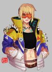  alternate_hairstyle apex_legends black_tubetop blue_eyes cosplay crypto_(apex_legends) crypto_(apex_legends)_(cosplay) goggles grey_background hands_in_pockets highres hype_beast_crypto jacket midriff multicolored multicolored_clothes multicolored_jacket navel one_eye_covered patch purple_lips scar scar_on_cheek scar_on_chest scar_on_face scar_on_stomach shaira_(noxlotl) short_hair spikes strapless tubetop upper_body wattson_(apex_legends) 