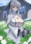 1girl bangs blue_sky braid breasts cleavage commentary_request dress flower french_braid gloves hair_between_eyes hima house lace large_breasts maid maid_headdress original outdoors red_eyes sidelocks silver_hair sky watering watering_can white_dress white_gloves wide_sleeves 