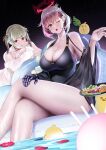  2girls absurdres azur_lane bare_shoulders black_swimsuit blonde_hair breasts character_request cleavage crossed_legs drill_hair duca_degli_abruzzi_(azur_lane) duca_degli_abruzzi_(lustrous_onyx_sirenetta)_(azur_lane) earrings food giuseppe_garibaldi_(azur_lane) halo highres holding holding_leaf huge_filesize in_water inflatable_chair jewelry large_breasts leaf manjuu_(azur_lane) mechanical_arms multiple_girls numaguro_(tomokun0808) one_eye_closed open_mouth partially_submerged petals pool prosthesis prosthetic_arm prosthetic_hand red_eyes short_hair single_mechanical_arm sitting swimsuit thighs tray twintails water wet 