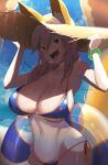  1girl animal_ears bikini blue_bikini breasts cleavage fang fate/grand_order fate_(series) fox_ears fox_tail hat highres huge_breasts long_hair magister_(bearibop) navel pink_hair side-tie_bikini smile solo straw_hat swimsuit tail tamamo_(fate)_(all) tamamo_no_mae_(fate) tamamo_no_mae_(swimsuit_lancer)_(fate) 