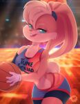  anthro ball basketball_(ball) basketball_court basketball_uniform blonde_hair blue_eyes buckteeth chest_tuft clothing female fur gloves hair half-closed_eyes handwear hi_res lagomorph leporid lola_bunny looney_tunes mammal narrowed_eyes obakawaii rabbit solo sportswear tan_body tan_fur teeth tuft uniform warner_brothers 